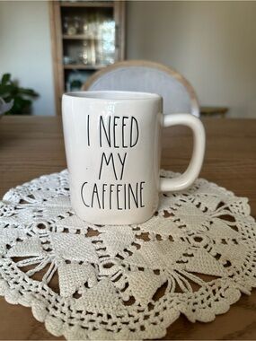 Rae Dunn White Ceramic Mug with Black 'I Need My Caffeine' Text